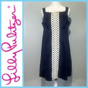 Lilly Pulitzer Classic Shift Dress 6 Navy White Embroidered Rope Trim Nautical